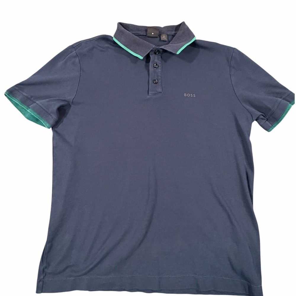 BOSS Hugo Boss Polo Shirt Men's Medium Navy Green Trim Short Sleeve Cotton